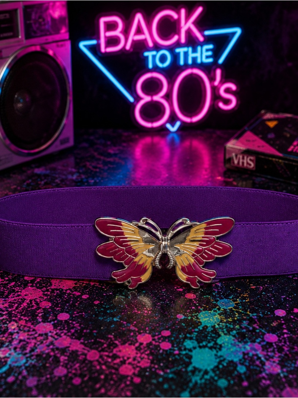 80s Butterfly Accent Stretch Belt - Purple